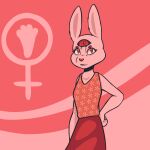 2019 3_eyes anthro blood bodily_fluids bottomwear breasts clothed clothing deer_(artist) digital_media_(artwork) eyebrows eyelashes female female_symbol fully_clothed fur gender_symbol hand_on_hip hi_res lagomorph leporid long_ears looking_at_viewer mammal medium_breasts multi_eye orange_clothing orange_shirt orange_tank_top orange_topwear pink_background portrait rabbit red_bottomwear red_clothing red_eyes red_sclera red_skirt ruby_(rq) ruby_quest shirt simple_background skirt snout solo standing symbol tank_top three-quarter_portrait three-quarter_view topwear white_body white_fur women&#039;s_day