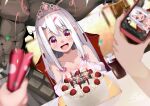  1boy 1girl bare_shoulders blush breasts cake candle cellphone collarbone cup dress fate/stay_night fate_(series) food heracles_(fate) highres illyasviel_von_einzbern long_hair open_mouth party_popper pei_iriya phone red_eyes sidelocks small_breasts smile solo_focus tiara translation_request white_dress white_hair 