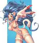  1girl :d animal_ear_fluff animal_ears aqua_eyes big_hair blue_hair body_fur breasts cactus41747280 cat_ears cat_girl cat_tail claws collarbone double_v fang felicia_(vampire) highres long_hair medium_breasts navel outstretched_arm smile solo tail teeth upper_teeth_only v vampire_(game) white_fur white_tail 