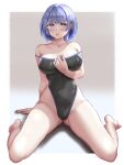  1girl bare_shoulders barefoot black_one-piece_swimsuit blue_eyes breasts collarbone competition_swimsuit covered_navel cowboy_shot full_body highleg highleg_swimsuit large_breasts mashinatsu one-piece_swimsuit original short_hair sitting solo strap_slip swimsuit wariza 