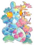  animal_focus axolotl blue_eyes blue_skin closed_mouth colored_skin commentary_request crescent_moon fins flower head_fins highres moon mudkip no_humans numagorou pink_flower pokemon pokemon_(creature) smile tail white_background 