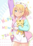  1girl ;) animal_ears arm_up bangs blonde_hair blush breasts chinese_zodiac closed_mouth collarbone commentary_request cowboy_shot eyebrows_visible_through_hair fake_animal_ears hair_between_eyes hair_ornament hairclip happy_new_year jacket kaiware-san long_sleeves new_year one_eye_closed open_clothes open_jacket original pink_jacket puffy_long_sleeves puffy_sleeves shirt signature sleeves_past_wrists small_breasts smile solo standing stuffed_animal stuffed_tiger stuffed_toy tiger_ears white_shirt year_of_the_tiger 
