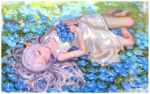  1girl alphonse_(white_datura) barefoot closed_eyes dress earrings elf field flower flower_field frieren highres holding holding_flower jewelry long_hair lying pointy_ears solo sousou_no_frieren white_dress white_hair 