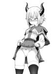  1girl absurdres blush closed_mouth clothes_lift grand_summoners highres horns leone_(grand_summoners) monochrome panties pointy_ears puppuppa short_hair skirt skirt_lift solo thighhighs underwear 