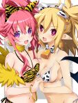  2021 2022 2girls animal_ears animal_print bare_shoulders bat_wings blonde_hair breasts chinese_zodiac cow_ears cow_print demon_girl disgaea earrings eyebrows_visible_through_hair highres interlocked_fingers iwashi_dorobou_-r- jewelry looking_at_viewer makai_senki_disgaea_2 medium_breasts multiple_girls navel open_mouth pointy_ears red_eyes rozalin seraphina_(disgaea) sidelocks tiger_ears tiger_print wings year_of_the_tiger 