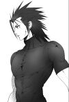  1boy ah_yoshimizu alternate_costume black_hair black_shirt cross_scar earrings expressionless facing_to_the_side final_fantasy final_fantasy_vii greyscale hair_slicked_back highres jewelry male_focus monochrome muscular muscular_male scar scar_on_cheek scar_on_face screentones shirt simple_background skin_tight solo spiked_hair standing stud_earrings turtleneck_shirt upper_body white_background zack_fair 