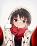  1girl black_hair blurry blush breath closed_mouth coat commentary depth_of_field fringe_trim green_eyes hair_between_eyes long_hair looking_at_viewer meme mittens natsume_ai pov pov_cheek_warming_(meme) red_mittens red_scarf sakura_no_toki sakura_no_uta scarf simple_background smile solo straight_hair takoyaki032002 white_background white_coat winter 