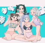  4girls asui_tsuyu bikini black_bikini black_eyes boku_no_hero_academia breasts brown_eyes brown_hair cleavage double_v eri_(boku_no_hero_academia) floral_print_bikini grey_hair hadou_nejire hair_ornament hair_scrunchie hands_up highres horns large_breasts medium_breasts multiple_girls one-piece_swimsuit oru_2ji pink_bikini purple_one-piece_swimsuit red_eyes scrunchie single_horn swimsuit twintails uraraka_ochako v 