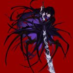  1girl arachne arthropod_girl closed_eyes closed_mouth coat e.g.o_(project_moon) highres holding holding_sword holding_weapon limbus_company long_hair long_sleeves maryzha58953461 monster_girl ootachi project_moon purple_coat purple_hair red_background ryoshu_(project_moon) silk simple_background solo spider_girl spider_web sword taur very_long_hair weapon 