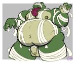 absurd_res amphibian anthro balls belly belly_overhang big_balls big_belly big_penis chubby_anthro chubby_male clothing costume flaccid foreskin frog genitals green_body halloween hi_res holidays long_tongue male moobs mummy nipples overweight overweight_anthro overweight_male penis solo solokorro_(artist) thick_thighs toad_(frog) tongue tongue_out undead