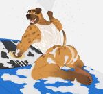  anthro bottomless butt canid canine car clothed clothing droplets floppy_ears foam hi_res humanoid kolvackh male mammal muscular muscular_male newark shirt simple_background smile solo sponge tank_top topwear vehicle water water_hose wet white_background 