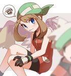  1boy 1girl bandana bike_shorts blaziken brendan_(pokemon) brown_hair closed_eyes gloves green_bandana highres light_blush looking_at_another may_(pokemon) omochi_(omotimotittona3) pokemon pokemon_(creature) pokemon_emerald pokemon_rse spoken_squiggle squiggle zzz 