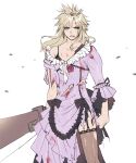  1boy ah_yoshimizu black_bow black_bra black_pantyhose blonde_hair blood blood_on_chest blood_on_clothes blood_on_dress blood_on_face blood_on_leg blood_on_mouth blue_eyes blush bow bra buster_sword clenched_hand cloud_strife commentary crossdressing cuts dangle_earrings dress earrings final_fantasy final_fantasy_vii final_fantasy_vii_remake flower frilled_dress frills garter_straps highres holding holding_sword holding_weapon injury jewelry juliet_sleeves lace lace_bra lace_trim long_hair long_sleeves male_focus pantyhose pink_flower pink_lips pink_rose puffy_sleeves purple_dress rose serious simple_background solo spiked_hair standing sweatdrop sword tiara torn_clothes torn_dress underwear upper_body weapon white_background wind 