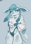 anthro blue_body blue_fur blue_sclera bottomwear breasts butt c3ilin canid canine clothed clothing eeveelution female fur generation_4_pokemon glaceon hi_res mammal nintendo pokemon pokemon_(species) simple_background smile solo tail topwear white_eyes