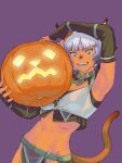  1girl absurdres adventurer_(ff11) animal_ears black_gloves breasts brown_tail cat_ears cat_girl cat_tail cleavage elbow_gloves facial_mark fangs final_fantasy final_fantasy_xi food gloves highres holding holding_food holding_pumpkin holding_vegetable jack-o&#039;-lantern looking_at_viewer medium_breasts mithra_(ff11) navel open_mouth parted_bangs pumpkin purple_background short_hair simple_background smile solo tail tail_raised vegetable whisker_markings yuccoshi 