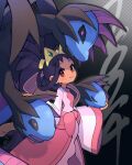  1girl artist_name black_background black_hair checkered_background closed_mouth dark-skinned_female dark_skin dress gradient_background hair_rings hand_on_another&#039;s_face hand_on_another&#039;s_head highres hydreigon iris_(pokemon) long_hair looking_at_viewer multiple_heads noi_(noi_pk27) pink_dress pink_skirt pokemon pokemon_(creature) pokemon_bw2 red_eyes ribbon sash skirt tiara wide_sleeves 
