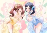  2girls black_hair blue_eyes blush breasts brown_hair butterfly_wings cowboy_shot healin&#039;_good_precure highres hiramitsu_hinata insect_wings large_breasts leotard long_hair multiple_girls open_mouth ponytail precure rumo sawaizumi_chiyu scrunchie showgirl_skirt small_breasts smile strapless strapless_leotard thighhighs twintails white_thighhighs wings 