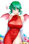  1girl aratama_(a-tama) breasts cameltoe china_dress chinese_clothes draco_centauros dragon_horns dragon_wings dress elbow_gloves gloves green_hair horns large_breasts pointy_ears puyopuyo simple_background solo white_background white_gloves wings yellow_eyes 
