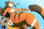 2024 action_pose anthro biped blue_background breasts brown_hair clothed clothing felid female hair hi_res long_hair mammal nipple_outline pantherine pose simple_background skimpy small_breasts solo thick_thighs tiger vapplepie