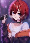  1girl ange_katrina ange_katrina_(5th_costume) black_choker black_jacket blue_eyes can choker hair_ornament highres hitanu holding holding_can jacket long_sleeves looking_at_viewer nijisanji open_clothes open_jacket parted_lips red_hair short_hair solo upper_body virtual_youtuber 