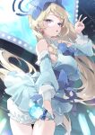  1girl :o absurdres alternate_costume blonde_hair bloomers blue_archive blue_bow blue_dress blue_eyes blue_halo bow breasts cowboy_shot detached_sleeves dress hair_bow halo highres large_bow long_hair medium_breasts meunhongcha solo toki_(blue_archive) v waist_bow white_bloomers 