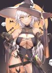 1girl absurdres bangs bare_shoulders belt blush breasts cleavage closed_mouth fate/grand_order fate_(series) halloween_costume hat highres jeanne_d&#039;arc_(alter)_(fate) jeanne_d&#039;arc_(fate) large_breasts looking_at_viewer pouch short_hair silver_hair test_tube thighs wand weyas_kayur witch_hat yellow_eyes 