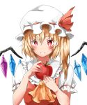  1girl apple ascot blonde_hair blush breasts closed_mouth collared_shirt crystal flandre_scarlet food frilled_shirt_collar frills fruit hat hat_ribbon holding holding_food holding_fruit light_smile looking_at_viewer medium_hair multicolored_wings one_side_up puffy_short_sleeves puffy_sleeves red_apple red_eyes red_ribbon red_vest ribbon ribbon-trimmed_headwear ribbon_trim shiono_akari shirt short_sleeves simple_background sleeve_ribbon small_breasts solo touhou upper_body vest white_background white_shirt wings yellow_ascot 