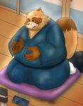 2024 anthro asian_clothing belly big_belly brown_body brown_fur canid canine clothing detailed_background east_asian_clothing fur humanoid_hands japanese_clothing kemono male mametanu_tanuki mammal overweight overweight_male raccoon_dog solo tanuki