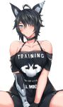  1girl absurdres ahoge animal_ear_fluff animal_ears bandages black_hair black_shorts blue_eyes blush bra_strap choker commission cup gloves highres kisu looking_at_viewer mechanical_arms off-shoulder_shirt off_shoulder rd_(ardeee) shirt shorts single_mechanical_arm vrchat wolf_ears 