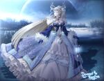  antlers blue_dress blue_eyes blue_gloves breasts cleavage crown death donnetramirez dress eir_(fire_emblem) fire_emblem fire_emblem_heroes fluff frilled_dress frills gloves high_ponytail highres jewelry lake lantern long_hair long_sleeves moon necklace ponytail silver_hair snow snowflakes very_long_hair white_dress winter winter_clothes 