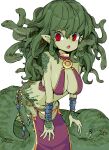  1girl arm_between_legs arm_wrap armlet breasts colored_skin dangle_earrings earrings fang frfr gold_trim green_hair green_scales green_skin harem_outfit highres jewelry lamia large_breasts loincloth long_hair looking_at_viewer monster_girl open_mouth original pointy_ears red_eyes revealing_clothes sleeveless slit_pupils snake_hair snake_tail solo surprised tail white_background 