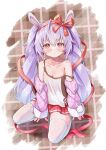  1girl absurdres alternate_color alternate_costume alternate_hair_color animal_ears azur_lane bare_shoulders breasts classic_(zildjian33) cleavage collarbone commentary_request earrings fake_animal_ears hair_between_eyes hairband highres jacket jewelry laffey_(azur_lane) long_hair long_sleeves looking_at_viewer off_shoulder plaid plaid_jacket pleated_skirt rabbit_ears red_eyes red_skirt revision seiza sidelocks sitting skirt sleeves_past_wrists solo spaghetti_strap thighhighs twintails white_thighhighs zettai_ryouiki 