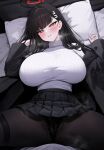  1girl absurdres black_hair black_panties black_pantyhose black_skirt blue_archive blush breasts highres hyouhyou_sub large_breasts long_hair on_bed panties pantyhose rio_(blue_archive) shirt skirt sweater turtleneck turtleneck_sweater underwear white_shirt 