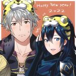  1boy 1girl 2022 ameno_(a_meno0) blue_eyes blue_hair brown_eyes elbow_gloves fingerless_gloves fire_emblem fire_emblem_awakening gloves grey_hair hairband happy_new_year long_hair looking_at_viewer lucina_(fire_emblem) new_year robin_(fire_emblem) robin_(fire_emblem)_(male) short_hair smile symbol-shaped_pupils 