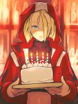  1girl birthday_cake blonde_hair blue_eyes blurry blurry_background blush cake cammy_white candle food hair_between_eyes highres holding holding_cake holding_food hood hood_up jacket red_jacket short_hair solo street_fighter street_fighter_6 upper_body yuenibushi 