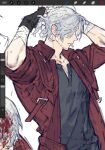  1boy coat dante_(devil_may_cry) devil_may_cry_(series) devil_may_cry_5 facial_hair fingerless_gloves gloves gougougougou highres holding long_hair male_focus mature_male old old_man ponytail red_coat solo white_hair 