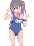  1girl absurdres black_hair blush breasts collarbone hair_ornament hair_ribbon hair_tie_in_mouth highres long_hair medium_breasts mouth_hold multicolored_hair murairamuraiari name_tag one-piece_swimsuit onii-chan_wa_oshimai! orange_eyes oyama_mihari purple_hair ribbon school_uniform simple_background solo swimsuit translation_request undressing white_background 