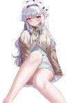  1girl absurdres bare_legs black_hairband blue_archive blush brown_shawl earclip feet_out_of_frame grey_hair hair_tubes hairband halo highres himari_(blue_archive) knee_up legs long_hair nonoka7221 pointy_ears purple_eyes shawl sitting smile solo very_long_hair 