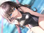  1girl arm_support bare_arms black_hair black_one-piece_swimsuit blue_eyes blurry blurry_background breasts closed_mouth collarbone competition_swimsuit covered_navel dutch_angle hair_between_eyes highres long_hair looking_at_viewer medium_breasts non-web_source one-piece_swimsuit original pon_(ponidrop) pool poolside sitting solo swimsuit thighs wet 