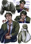  1boy arm_sling bags_under_eyes blood blood_on_hands cigar cigarette collared_shirt commentary_request constricted_pupils exhausted flashback furrowed_brow gegege_no_kitarou green_eyes green_hair green_jacket hand_up hat highres holding holding_cigar imperial_japanese_army jacket kitarou_tanjou:_gegege_no_nazo long_sleeves looking_at_viewer male_focus military_hat mizuki_(gegege_no_kitarou) multiple_views necktie nosebleed red_necktie saba_ichimi sanpaku scar scar_across_eye shirt short_sleeves smoke spoilers suit suit_jacket sweat white_shirt wide-eyed wiping_mouth 
