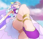  1girl anklet armpits blue_eyes closed_mouth cloud cure_earth elbow_gloves fuurin_asumi gloves haruyama_kazunori healin&#039;_good_precure jewelry legs long_hair looking_at_viewer magical_girl precure purple_hair shoes solo standing very_long_hair white_gloves 