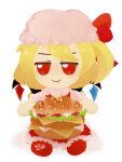  1girl blonde_hair burger char0nhesmollboi cheese closed_mouth commentary english_commentary fangs fangs_out flandre_scarlet food full_body fumo_(doll) hat highres lettuce looking_at_viewer meat medium_hair mob_cap multicolored_wings one_side_up pink_headwear pink_shirt red_eyes red_skirt red_vest shirt simple_background skirt solo tomato touhou vest white_background wings 