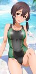  1girl :d arm_support asada_shino ass_visible_through_thighs bare_shoulders beach black_one-piece_swimsuit blue_sky blurry blurry_background blush breasts brown_eyes brown_hair cloud collarbone commentary_request competition_swimsuit cowboy_shot day deviantart_logo deviantart_username english_commentary facebook_logo facebook_username german_commentary green_one-piece_swimsuit hair_between_eyes hair_ribbon highres looking_at_viewer medium_breasts mixed-language_commentary no_eyewear one-piece_swimsuit open_mouth outdoors partial_commentary pixiv_id pixiv_logo ribbon short_hair shugo19 sitting sky smile solo swimsuit sword_art_online tress_ribbon twitch_logo twitch_username twitter_logo twitter_username two-tone_one-piece_swimsuit variant_set water 