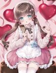  1girl :o apron balloon beret blue_eyes blush bow brown_bow brown_hair candy chocolate collared_shirt commentary_request food frilled_apron frilled_skirt frills grey_headwear hair_between_eyes hands_up hat head_tilt heart heart-shaped_chocolate heart_balloon holding holding_food kohinata_hoshimi long_hair looking_at_viewer low_twintails original parted_lips pink_background pink_shirt pink_skirt shirt simple_background sitting skirt solo spatula thighhighs twintails very_long_hair white_apron white_thighhighs 