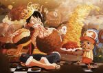  4boys black_hair blue_shorts burger commentary_request confetti crossed_legs crown doccoi eating food french_fries happy_birthday hat highres looking_to_the_side male_focus meat monkey_d._luffy multiple_boys one_piece pasta roronoa_zoro sandals sanji_(one_piece) sash scar scar_on_face short_hair shorts sitting straw_hat tony_tony_chopper yellow_sash 