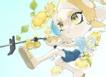  1girl a_a2001214 blonde_hair blue_background blue_shirt blue_shorts commentary_request e-liter_4k_(splatoon) eyelashes food fruit full_body gradient_background gun highres holding holding_gun holding_weapon lemon lemon_slice medium_hair mint octoling octoling_girl open_mouth parted_lips sandals shirt shorts simple_background solo splatoon_(series) splatoon_2 tentacle_hair water weapon yellow_eyes 