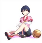  1girl ball bandaged_arm bandages basketball basketball_(object) bike_shorts black_hair brown_eyes commentary_request k-suwabe kanbaru_suruga looking_at_viewer monogatari_(series) naoetsu_high_school_uniform pleated_skirt revision school_uniform serafuku short_hair sitting skirt smile solo twitter_username 