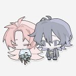  2boys ahoge chinese_commentary closed_eyes closed_mouth commentary_request flower grey_background grey_eyes grey_hair grey_pants grey_robe hair_between_eyes hatsutori_hajime long_hair multiple_boys no_mouth no_nose outline pants parted_bangs pink_hair robe rose saibou_shinkyoku shirt short_hair simple_background single_blush_sticker smile spoilers stole suiyuejinghaohetangyuesehuahaoyueyuan utsugi_noriyuki white_flower white_outline white_rose white_shirt 