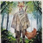 1:1 akatan_art ambiguous_gender anthro blonde_hair boots brown_body brown_fur canid cheek_tuft clothed clothing ear_piercing eyelashes facial_tuft footwear front_view fur grey_boots grey_clothing grey_footwear hair hi_res looking_at_viewer mammal neck_tuft outside painting_(artwork) piercing plant signature solo standing traditional_media_(artwork) tree tuft watercolor_(artwork)