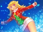  1girl bangs blonde_hair christmas christmas_sweater christmas_tree commentary_request dress dutch_angle eyebrows_visible_through_hair long_hair long_sleeves looking_at_viewer messy_hair mitake_eil open_mouth original outstretched_arms purple_eyes red_dress signature smile snowflakes snowing solo spread_arms standing star_(symbol) sweater sweater_dress twitter_username 